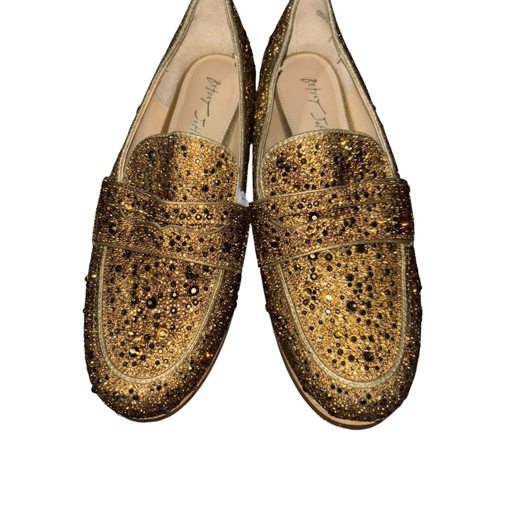 Blue by Betsey Johnson Sz 9M Aron Gold Rhinestone Loafers Flats Glass Crystals - Picture 9 of 13
